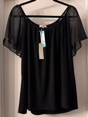 NWT | Plus size Black Women's Knit Blouse - Chiffon Flutter Sleeve Top | Size 2X
